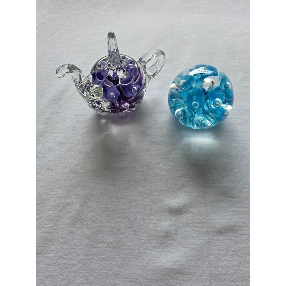 Joe Rice 2000 Signed Art Glass Teapot Paperweight Pair Purple Blue Floral